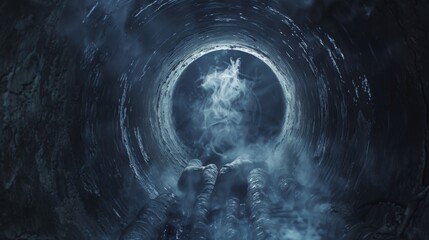 A dark tunnel with smoke and a large hole in the middle