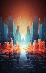 A futuristic city skyline with glowing lights and a digital grid in the foreground.  The image suggests a sense of progress and technology.