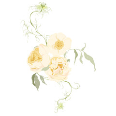 Watercolor abstract flower bouquet of narcissus and peony. Hand drawn floral card of wildflowers isolated on white background. Holiday Illustration for design, print, fabric or background.