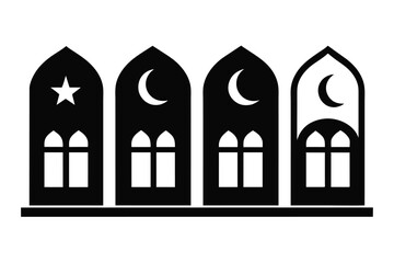 Set of Islamic window icons with mosque and crescent black vector on white background