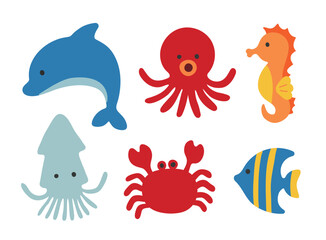 A set of cute hand-drawn illustrations with the concept of the summer sea. Set of marine creature such as whale, fish, octopus, seahorse, crab and squid.