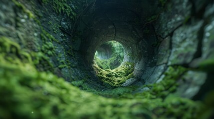 A tunnel with green moss growing on the walls