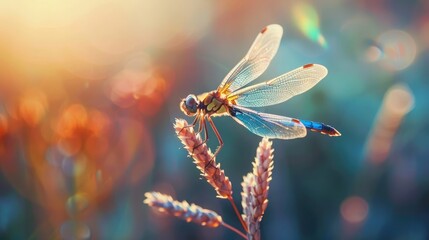 A close-up of a dragonfly perched on a reed, with its delicate wings and iridescent colors on display. 8k, full ultra HD, high resolution, cinematic photography - Powered by Adobe