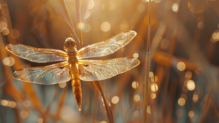 A close-up of a dragonfly perched on a reed, with its delicate wings and iridescent colors on display. 8k, full ultra HD, high resolution, cinematic photography