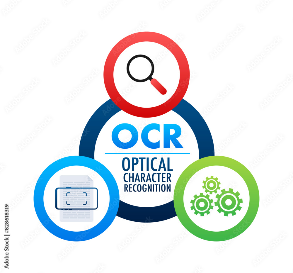 Aufkleber OCR - Optical character recognition. Document scan. Process of recognizing document. Vector stock illustration