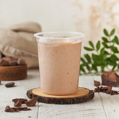 Delicious chocolate mousse served in a clear plastic cup, placed on a rustic wooden coaster. 