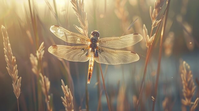 A close-up of a dragonfly perched on a reed, with its delicate wings and iridescent colors on display. 8k, full ultra HD, high resolution, cinematic photography