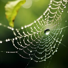 A spider web glistens with dew drops, creating a delicate and intricate design against a blurred green background.