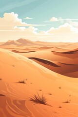 Naklejka premium A vast, golden desert landscape stretches under a clear blue sky with fluffy white clouds.