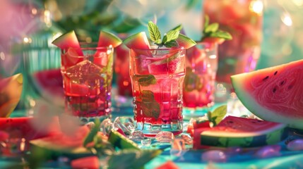 Fototapeta premium Refreshing Iced Tea with Mint Garnish and Watermelon Slice. Watermelon Sweet Tea