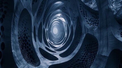 A blue and white image of a spiral with many holes