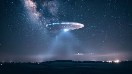 Majestic UFO Encounter over Nighttime Landscape. World UFO Day