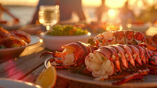 As the last rays of sunlight fade away grilled lobster tails and side dishes are served on rustic wooden tables at this beachside grill.