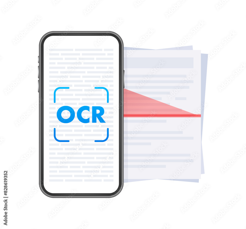 Aufkleber OCR - Optical character recognition. Document scan. Process of recognizing document. Vector stock illustration