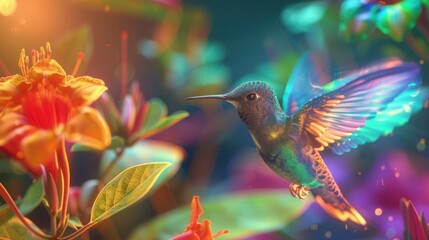 A close-up of a hummingbird hovering in front of a vibrant flower, its iridescent feathers shimmering in the light. 8k, full ultra HD, high resolution, cinematic photography - Powered by Adobe