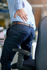 Business man, hand and back pain by office chair for stress, injury and accident with muscle...