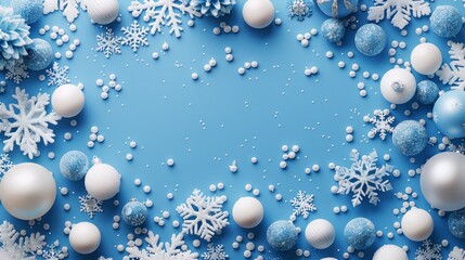 A Christmas-themed poster, with a background of blue and white snowflakes, balls