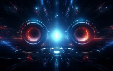 Obraz premium Abstract futuristic background with glowing blue and red lights and a central light source.