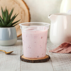 Strawberry yogurt in a plastic cup made from natural farm milk. Fermented milk products