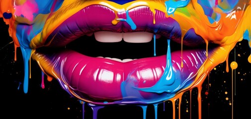 Fototapeta premium Colorful abstract paint dripping over a woman's lips.