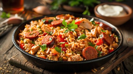 Bowl of chicken and sausage jambalaya with peppers and rice. Chicken and Chicken Sausage Jambalaya