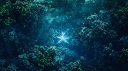 Fototapeta premium neon star standing out in a dense forest of green and indigo
