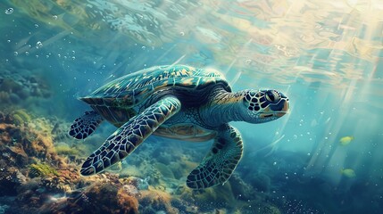 Fototapeta premium turtle swimming in the sea. turtle floating in the sea