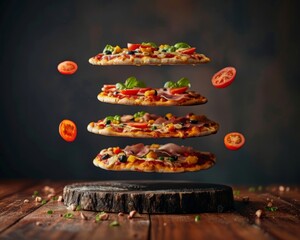 Four delicious pizzas stacked in the air with tomatoes falling around them.  A perfect illustration for a pizza menu.