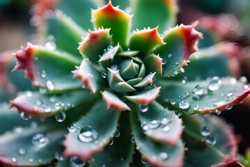 Succulent Close-up with Water Droplets, Detailed Leaf Texture, Macro Photography, Botanical Beauty, High Resolution, Green and Red Hues, Nature Image