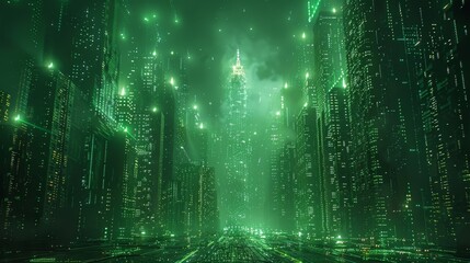 City view with matrix concept and digital connections. Virtual connectivity of the city. Financial district skyline with matrix sky background in green. High quality photo
