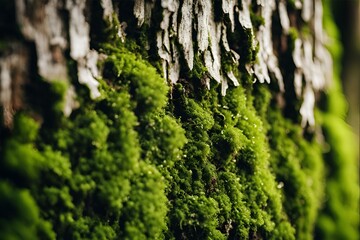 Moss on Tree Bark Close-up, Detailed Green Texture, Nature Macro Photography, Lush Forest Scene,...