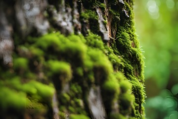 Fototapeta premium Moss on Tree Bark Close-up, Detailed Green Texture, Nature Macro Photography, Lush Forest Scene, High Resolution, Botanical Beauty, Natural Environment