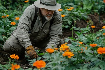 Man planting flowers in garden bed, close up of hands in soil, natural light, emphasizing gardening care and vibrant growth