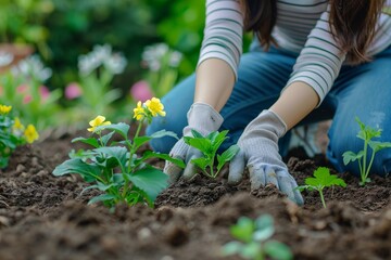 Fototapeta premium Woman planting seedlings in garden soil, close up with natural light, green background, emphasizing gardening care and new growth