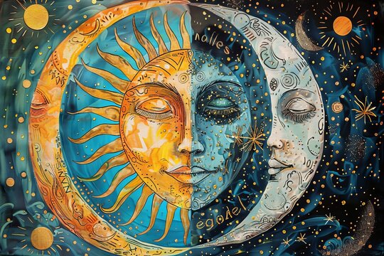 Big circle, half side as sun face and the other half as moon face, sun and moon artwork print wall art abstract canvas wall art, in the style of psychedelic patterns, surrealistic portrait