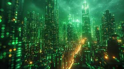 City view with matrix concept and digital connections. Virtual connectivity of the city. Financial district skyline with matrix sky background in green. High quality photo