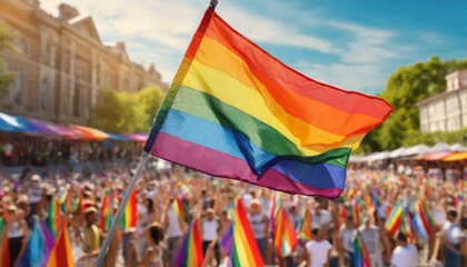 lgbt flag on the background of the pride parade, queer lgbtq pride month, June 1, the fight against homophobia and bullying, tolerance, summer holiday, freedom and rights, big city