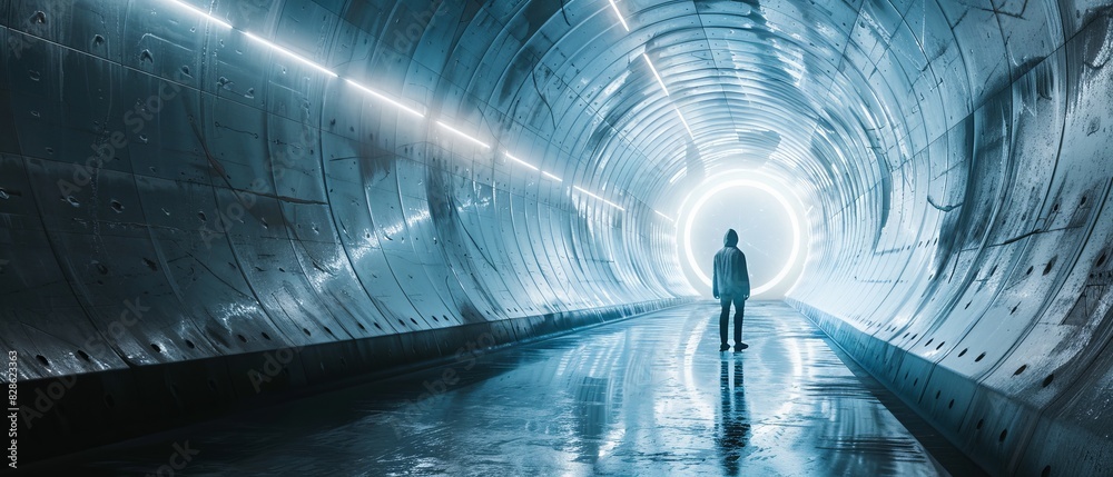 Wall mural A man walks through a tunnel with a blue light in the background