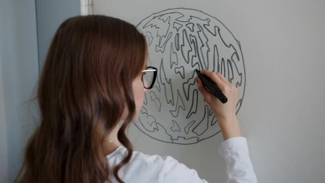 Young artist carefully draws the outlines of a planet, with its continents and islands, on a piece of fabric using a marker. This will serve as a template for creating a custom carpet using the