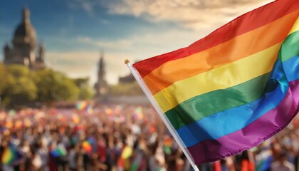 lgbt flag on the background of the pride parade, queer lgbtq pride month, June 1, the fight against homophobia and bullying, tolerance, summer holiday, freedom and rights