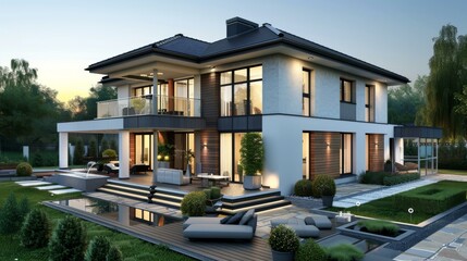 Fototapeta premium Modern House with Pool, Terrace & Luxurious Interior