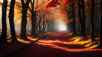 Fototapeta premium A serene forest path surrounded by trees in full autumn colors. The ground is covered with fallen leaves in shades of red, orange, and yellow. Sunlight filters through the branches, creating a warm, i