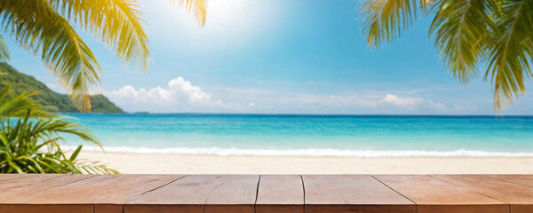 The wooden surface is in front of a stunning view of the beach and ocean. 