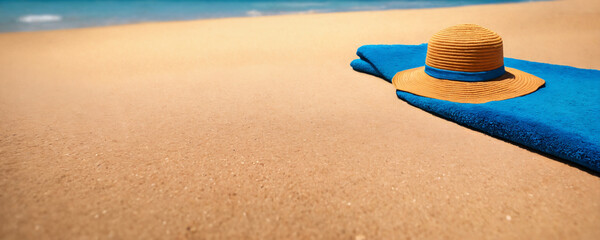 A brown hat is lying on a blue towel on a sandy beach. 