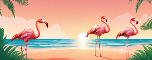 Three pink flamingos stand on a sandy beach against the backdrop of the setting sun. 