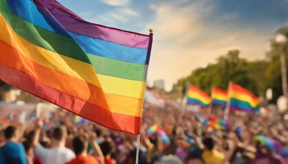 lgbt flag on the background of the pride parade, queer lgbtq pride month, June 1, the fight against homophobia and bullying, tolerance, summer holiday, freedom and rights