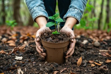 Hands holding potted seedling, close up with natural light, green background, emphasizing gardening care and new growth