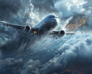 A dramatic image of a passenger airplane flying through stormy clouds, illustrating the power and intensity of nature and aviation.