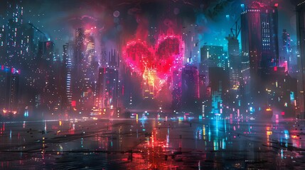 Fototapeta premium Colorful cyberpunk cityscape at night with a glowing neon heart in the sky, reflecting on a wet surface and creating a futuristic atmosphere.