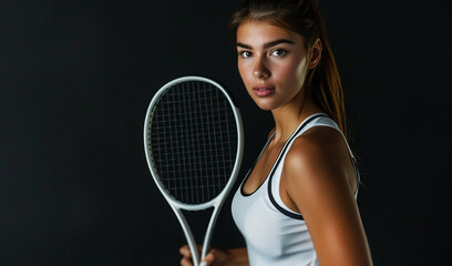  female tennis player , isolated on a black background. 
